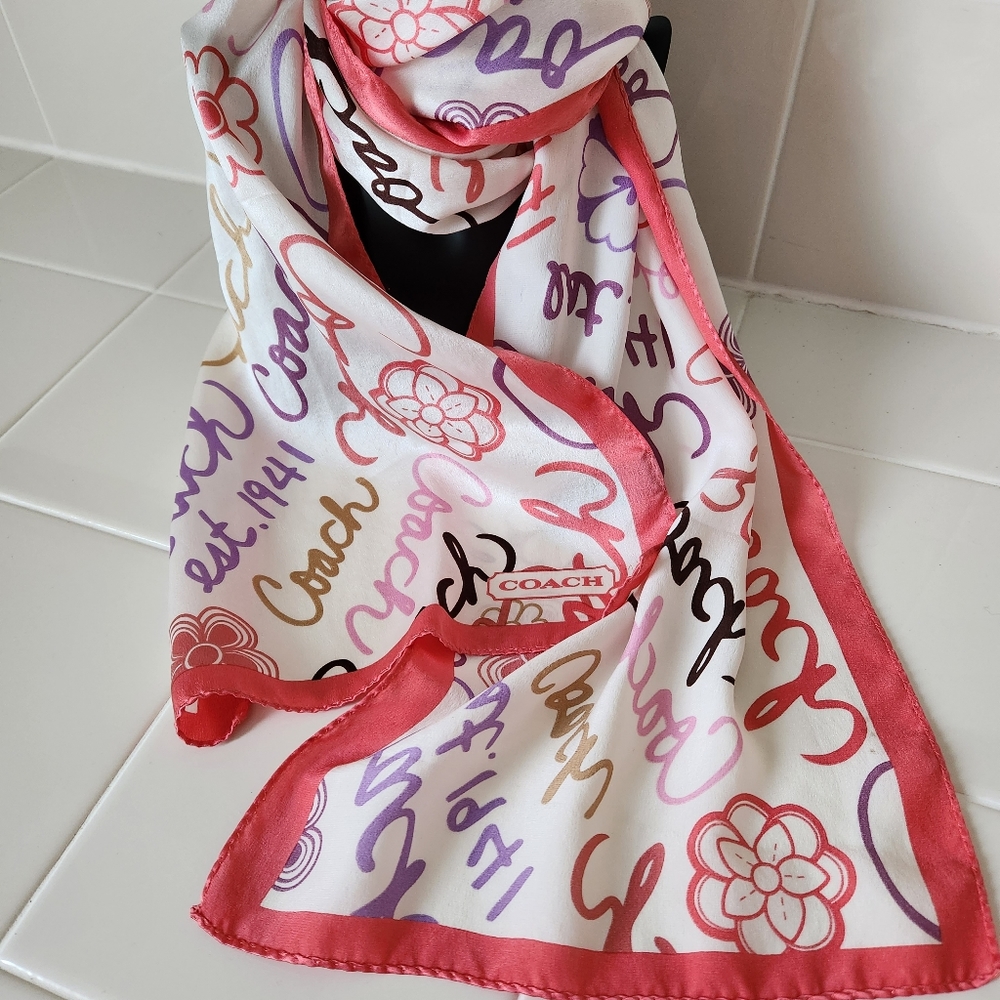COACH 100% Silk Scarf Vintage Script Monogram Floral Red White - Picture 3 of 8